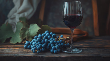 A vintage setting with a glass of red wine and a bunch of blue grapes on an old wooden table, warm tones, cozy atmosphereの素材