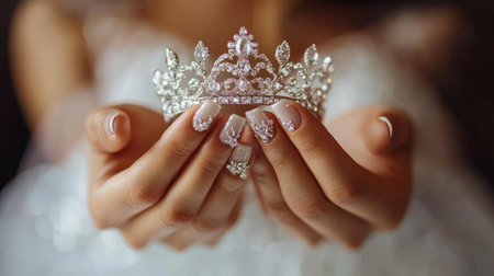 Brideaes hands with French manicure holding a sparkling tiara, festive wedding atmosphere with luxurious detailsの素材