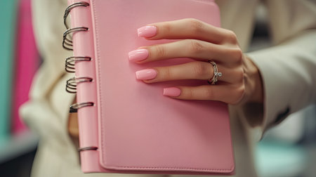 Close-up of pink stone nails on a hand holding a stylish planner, professional office environment with branding potential for springの素材