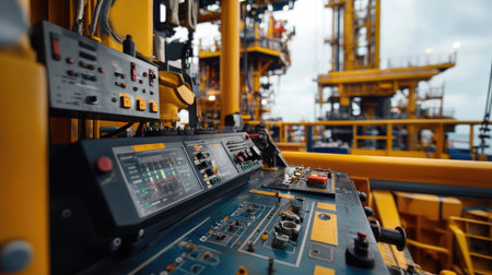 Close-up of the central production platform's drilling operations in Indonesia, with heavy machinery and control panelsの素材