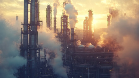 Close-up of refinery pipelines and distillation columns, with crude oil tanks in the background, steam and smoke rising, symbolizing heavy industryの素材