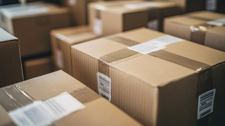 Close-up of several cardboard boxes stacked together, showcasing details like flaps and labels, symbolizing warehousing, logistics, and packaging for commercial goodsの素材