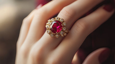 Close-up of ruby gemstone ring on a womanaes hand holding a vintage brooch, elegant and timeless jewelry with a soft focus backgroundの素材