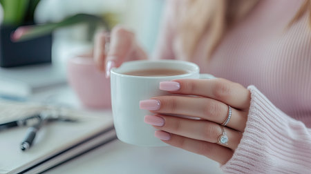 Close-up of pink stone nails holding a cup of tea during a business meeting, soft office background with a focus on eleganceの素材