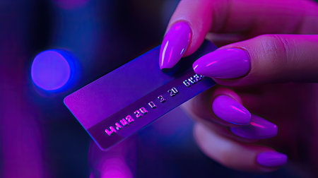Close-up of purple nails holding a credit card, modern shopping concept, clean background with retail vibesの素材