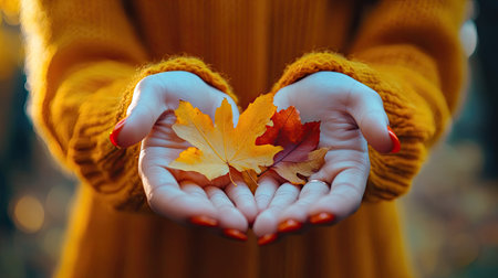 Close-up of orange manicured hands delicately holding yellow and red autumn leaves, evoking a sense of seasonal style and beauty, against a soft blurred backgroundの素材