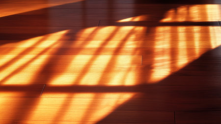 Close-up of vertical blinds casting intricate shadows on a freshly installed Brazilian Cherry hardwood floor, sunlight enhancing the rich wood grainの素材