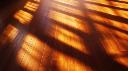 Close-up of shadows from vertical blinds on a Brazilian Cherry hardwood floor, sunlight streaming in, highlighting the rich wood grainの素材