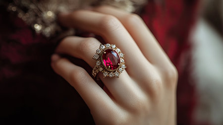 Close-up of ruby gemstone ring on a womanaes hand holding a vintage brooch, elegant and timeless jewelry with a soft focus backgroundの素材