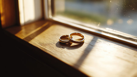 Close-up of two wedding bands on a sunny windowsill, with soft shadows and golden light capturing the warmth of loveの素材