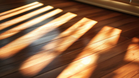 Close-up of shadows from vertical blinds on a Brazilian Cherry hardwood floor, sunlight streaming in, highlighting the rich wood grainの素材