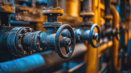 Close-up of refinery industrial equipment in a chemical plant, highlighting the intricate network of pipes and valvesの素材