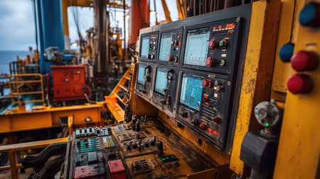 Close-up of the central production platform's drilling operations in Indonesia, with heavy machinery and control panelsの素材