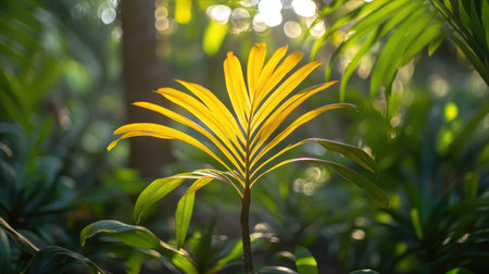 Close-up shot of a yellow palm seedling in a Thai garden, surrounded by rich green foliage, with sunlight filtering through the leaves, creating a serene tropical ambianceの素材