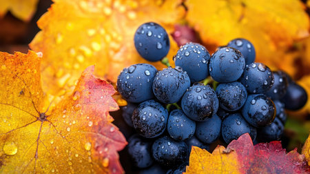 Close-up of wine grapes on the vine, glistening with morning dew, surrounded by vibrant autumn-colored leaves, ready for harvestingの素材