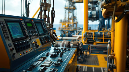 Close-up of the central production platform's drilling operations in Indonesia, with heavy machinery and control panelsの素材