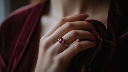 Close-up of ruby ring on a womanaes hand, gently holding a velvet ribbon, soft and luxurious atmosphere with elegant detailsの素材