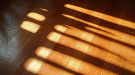 Close-up of vertical blinds and their shadows on a Brazilian Cherry hardwood floor, sunlight enhancing the rich grain and deep hues of the woodの素材
