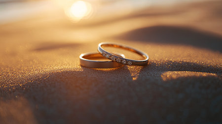 Close-up of two wedding bands glowing in sunlight, placed on a soft sand background, capturing a romantic and timeless atmosphereの素材
