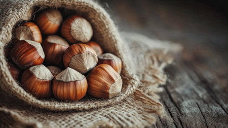 Closeup of whole hazelnuts in a rustic setting, showcasing their benefits for a healthy diet and nutrition, ideal for health-conscious food visualsの素材