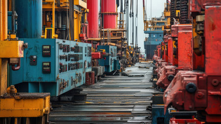 Close-up of the central production platform's drilling operations in Indonesia, with heavy machinery and control panelsの素材