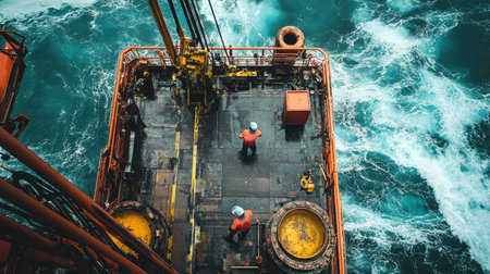Close-up of maintenance operations on a central production platform in Indonesia, with detailed views of equipment and toolsの素材
