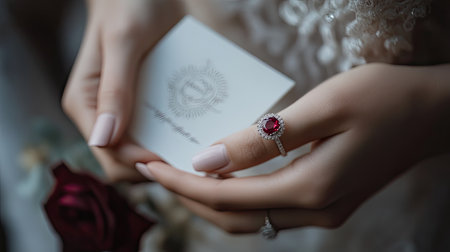 Close-up of ruby ring on a womanaes hand as she holds a delicate wedding invitation, elegant and romantic setting with soft lightingの素材