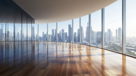 Contemporary empty room with a glossy parquet floor and a panoramic window, offering a city skyline view, capturing an urban and elegant ambianceの素材