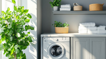 Contemporary laundry room featuring a washing machine, functional cabinetry, and a bright green houseplant for styleの素材