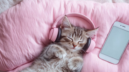 Cute kitten curled up on a soft pink pillow, headphones on, with a phone playing calming music, showcasing pet comfort and relaxationの素材