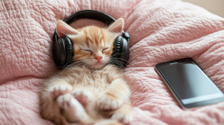 Cute kitten sleeping with headphones over its head, resting on a soft pink pillow with a smartphone next to it, a humorous pet photoの素材