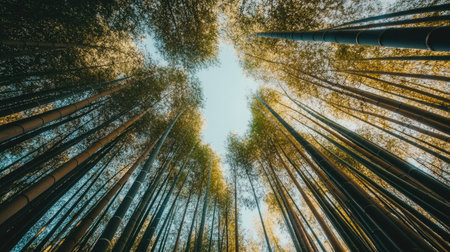 Dense bamboo forest with tall stalks reaching up toward the sky, captured from below to create a powerful sense of height and scaleの素材