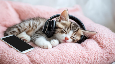 Cute kitten sleeping with headphones over its head, resting on a soft pink pillow with a smartphone next to it, a humorous pet photoの素材