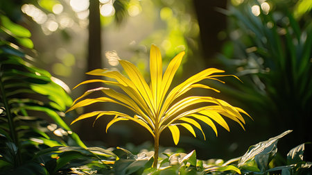 Detailed image of a yellow palm seedling growing in a Thai garden, its leaves radiating outward amidst a backdrop of rich green plants and morning sunlightの素材