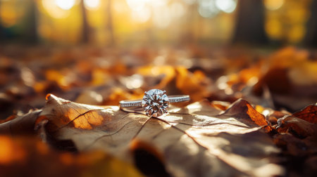 Diamond ring placed on a fallen leaf in a forest setting, natural beauty blending with the elegance of the gemstoneの素材