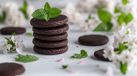 Elegant display of chocolate mint cookies paired with sakura cookies, garnished with fresh mint and cherry blossoms, on a minimalistic white background, perfect for a cookbookの素材