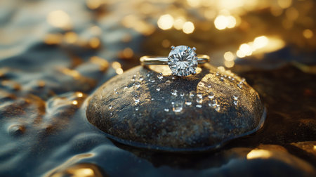Diamond ring resting on a smooth river stone, with water droplets glistening in the sunlight, creating a serene and natural atmosphereの素材