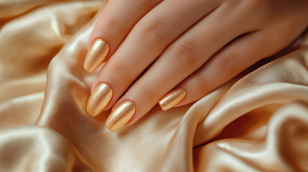 Elegant female hands with golden nail design gently touching a silk fabric, rich texture and soft lighting highlighting the shine of the nailsの素材