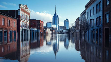Downtown Nashville's famous landmarks submerged in floodwaters, showing the historic event's impact on the cityの素材