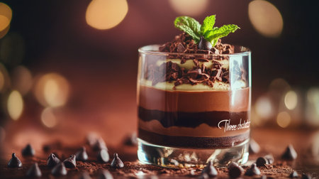 Elegant dessert of layered "Three chocolates" mousse in a glass, topped with mint and chocolate chips, with a soft-focus background for a gourmet lookの素材