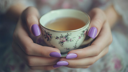 Elegant female hands with purple nails holding a delicate tea cup, vintage setting with floral background and soft tonesの素材