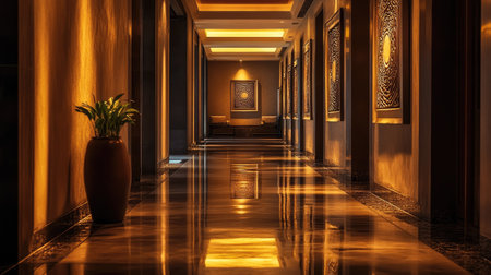 Elegant hotel corridor in Bali with polished floors, stylish lighting fixtures, and decorative wall art, showcasing a luxurious and cool ambianceの素材