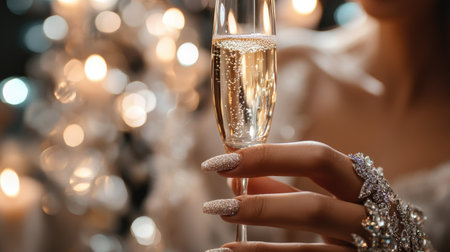 Elegant brown queen nails holding a glass of sparkling wine, high-end bridal setting with a luxurious atmosphereの素材