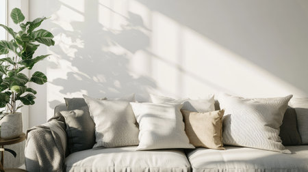 Cozy living room scene with a gray sofa, pillows, and a white wall, bright sunlight filtering through, ample space on the left side for design mock-upの素材