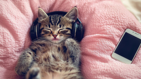 Cute kitten sleeping with headphones over its head, resting on a soft pink pillow with a smartphone next to it, a humorous pet photoの素材