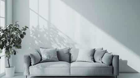 Elegant living room mock-up, gray sofa with soft pillows against a white wall, bright natural light, free space on the left for branding or decor ideasの素材