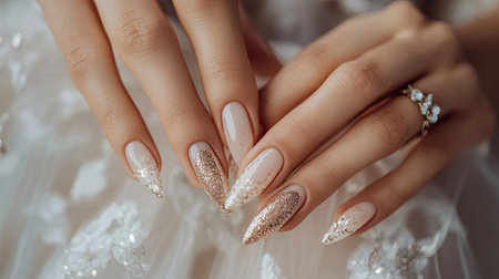 Elegant French wedding manicure with glitter tips, brideaes hands adjusting her bridal jewelry, festive and glamorousの素材