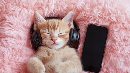 Cute little kitten asleep with headphones on and a phone on a pink fluffy pillow, capturing a funny and cozy pet momentの素材