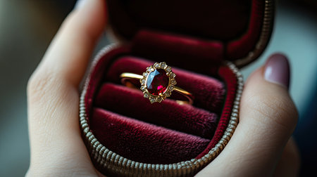 Elegant ruby gemstone ring on a womanaes hand gently touching a velvet box, classic and beautiful design in a luxury settingの素材