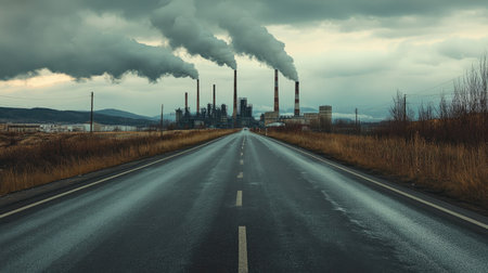 Empty road with a backdrop of industrial factories and smokestacks, capturing the essence of an industrial landscapeの素材
